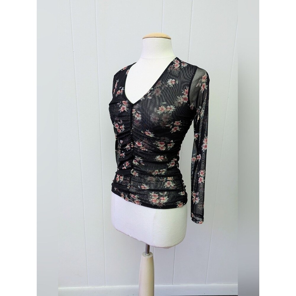 Sheer Black Floral V-neck Ruched Sheer Mesh Top By INC Size PS